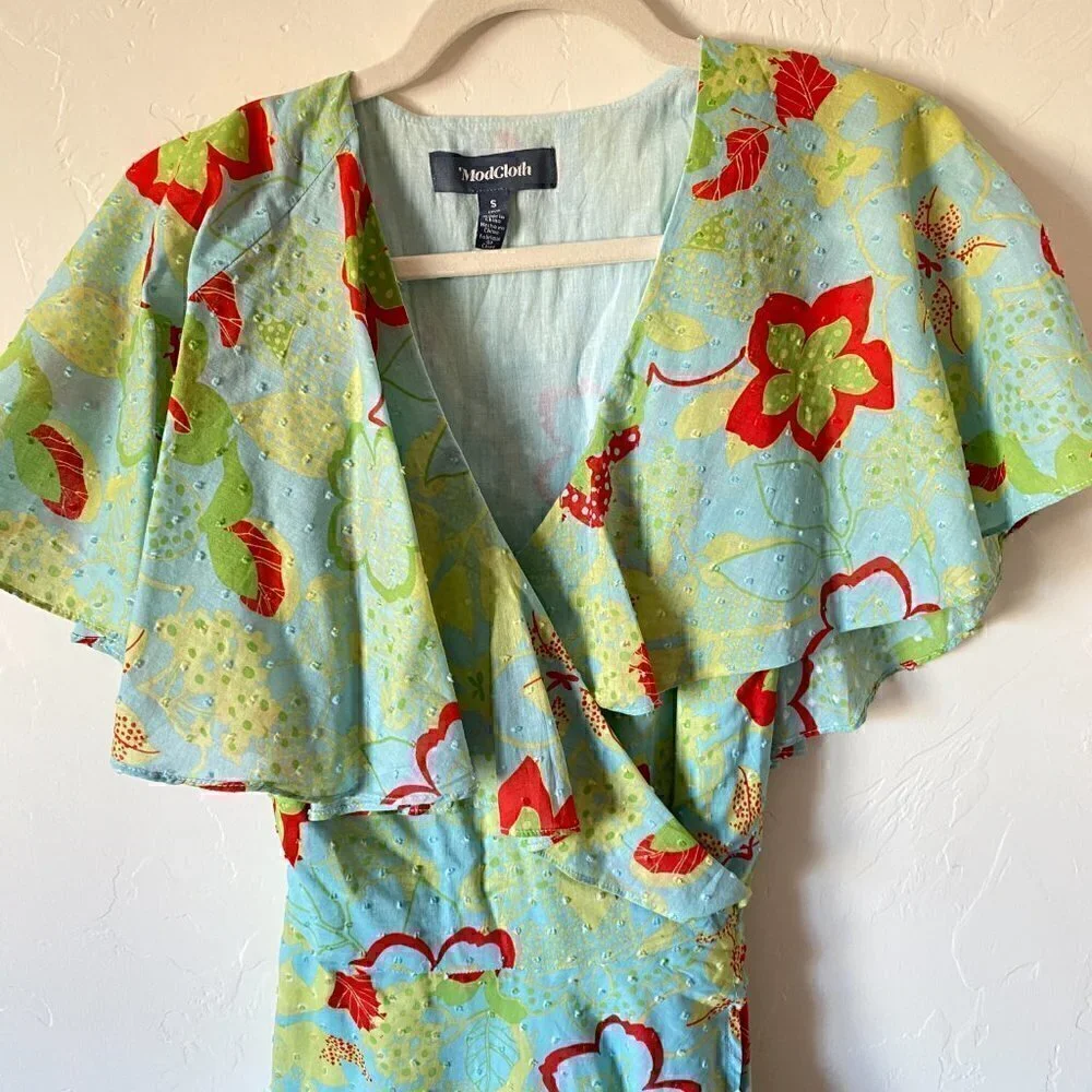 ModCloth Lift Your Wings Wrap Dress Sea Blue Floral - Picture 6 of 12